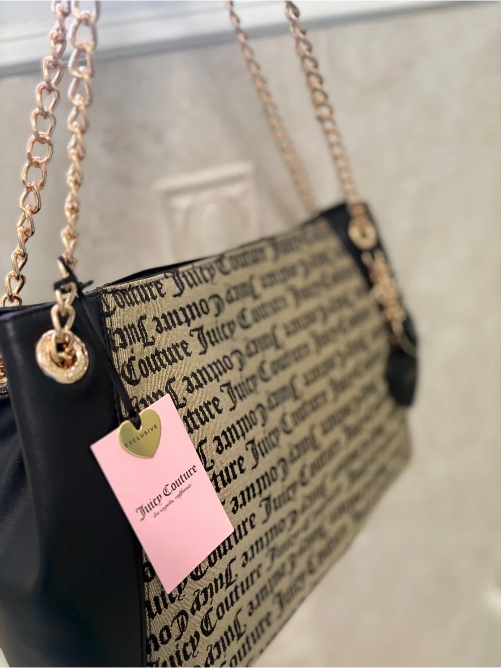 Juicy Couture Black & Beige Logo Shoulder Bag with Gold Chain Straps